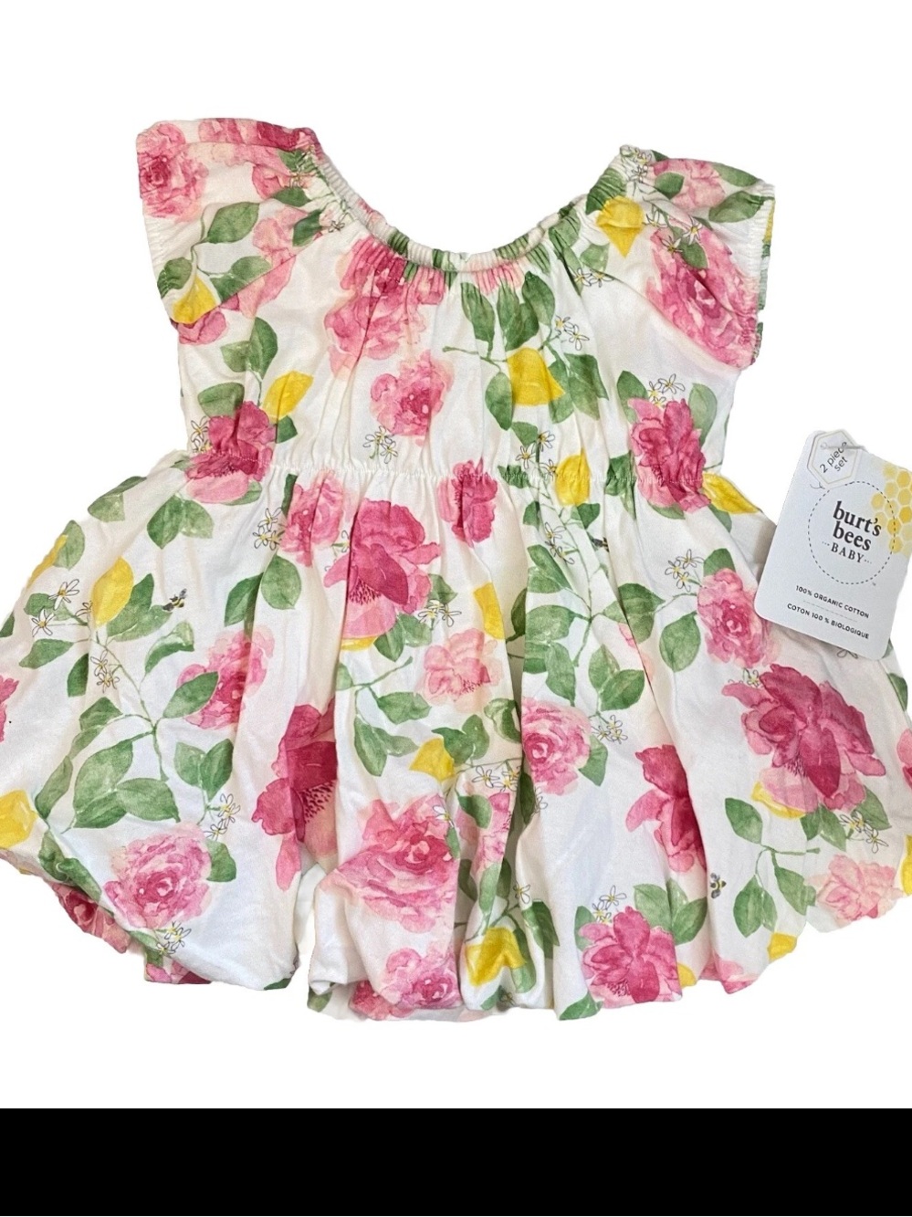 Burt's Bees Baby White Floral Pink Girls Ruffled Cotton Dress, 6M NWT